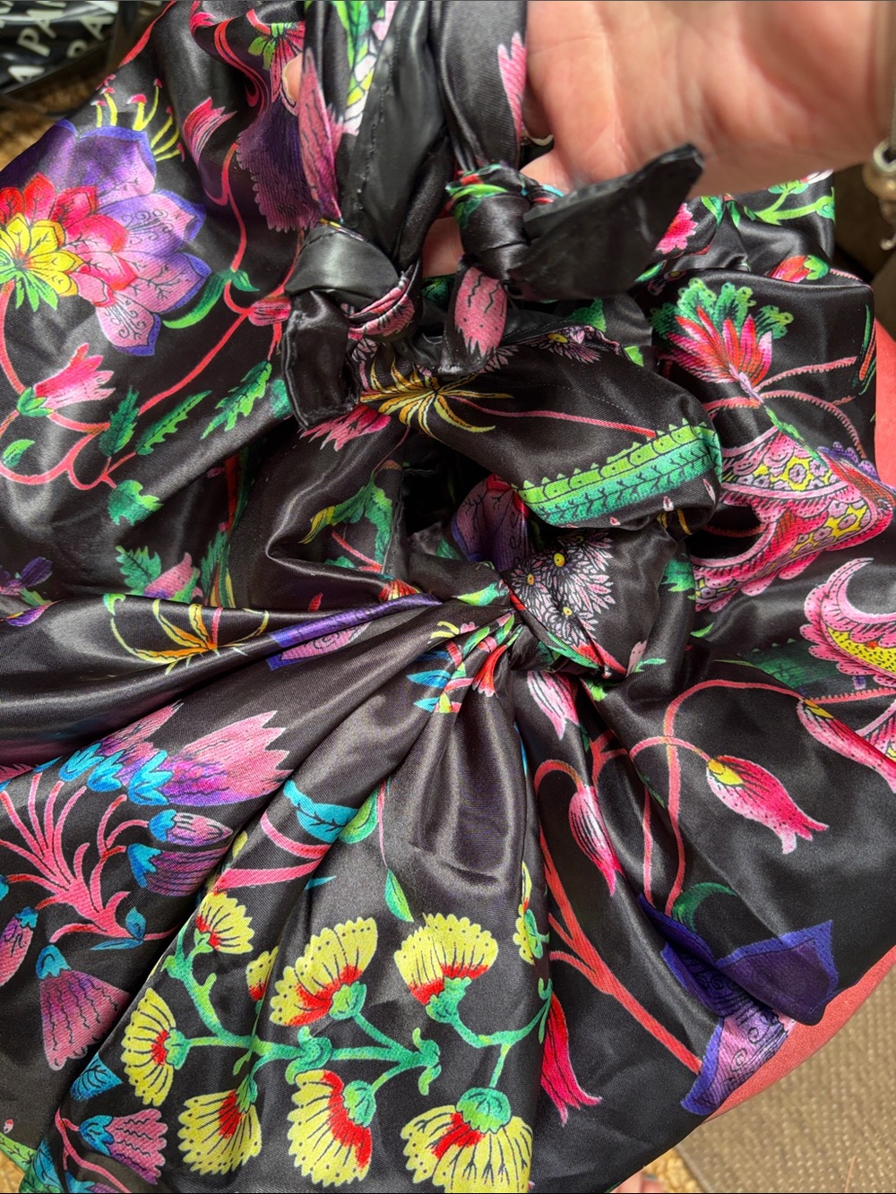 Zara Black Satin Knotted bag Scarf with bag Multicolor Floral Print